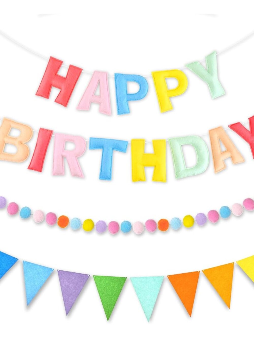 3 PCS Pre-Strung 3D Happy Birthday Banner Decorations, Pastel